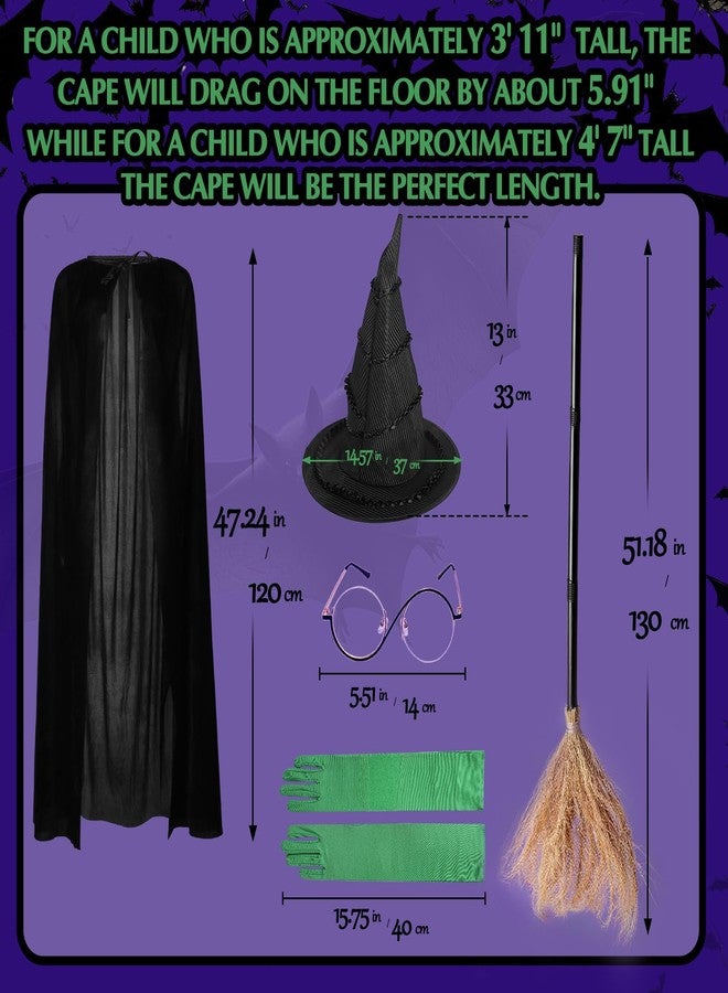 UQJE 6 Pcs Girls Witch Costume Wicked Green Witch Movie Cosplay Halloween Witches Hat, Cape, Glasses, Gloves, Broom for Kids - Image 2