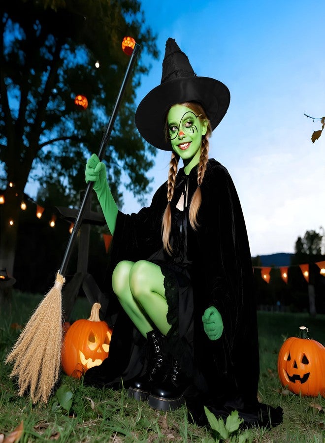 UQJE 6 Pcs Girls Witch Costume Wicked Green Witch Movie Cosplay Halloween Witches Hat, Cape, Glasses, Gloves, Broom for Kids - Image 5