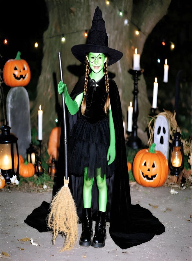 UQJE 6 Pcs Girls Witch Costume Wicked Green Witch Movie Cosplay Halloween Witches Hat, Cape, Glasses, Gloves, Broom for Kids - Image 3