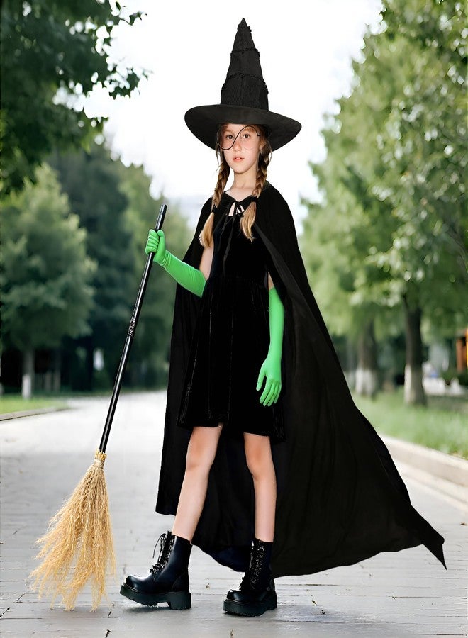 UQJE 6 Pcs Girls Witch Costume Wicked Green Witch Movie Cosplay Halloween Witches Hat, Cape, Glasses, Gloves, Broom for Kids - Image 4