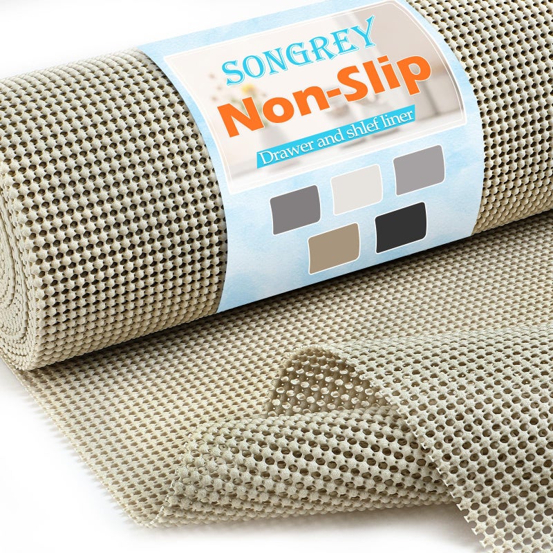 Songrey Non-Adhesive Drawer and Shelf Liner, Non Slip Cabinet Liners, Protect Kitchen Cupboard, Bathroom Drawers, Breathable, Thick Strong Grip mat (12IN x 20FT, Beige) - Image 1