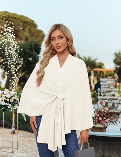 PULI Women's Elegant Shawl Wraps Soft Open Front Poncho Sweater for Spring Fall Winter ivory white - Image 2