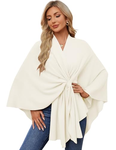 PULI Women's Elegant Shawl Wraps Soft Open Front Poncho Sweater for Spring Fall Winter ivory white - Image 1