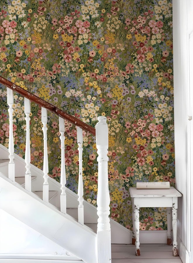 Vintique Boho Peel and Stick Wallpaper Floral Wall Paper Removable Waterproof for Bathroom Bedroom Green/Pink/Yellow Contact Paper 17.3" x 236.3" - Image 5