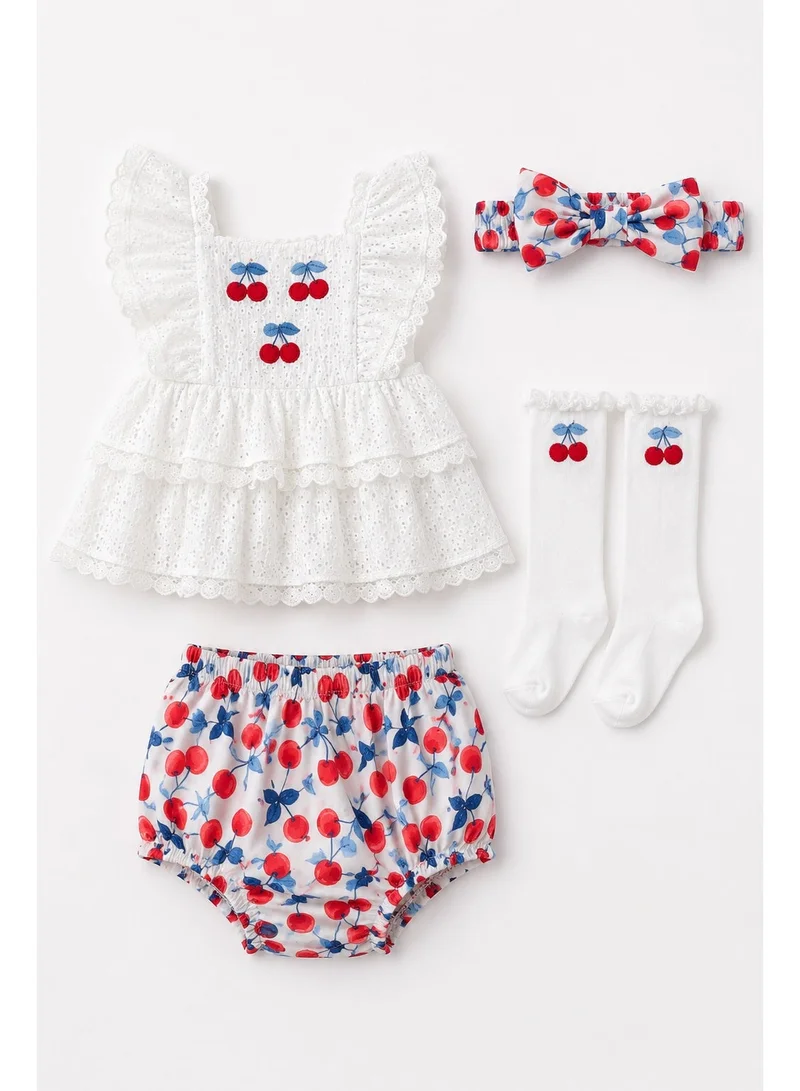 فكتور اند جين Baby Girls’ 4-Piece Broderie Dress Set – Cherry Print Bloomers, Headband & Socks