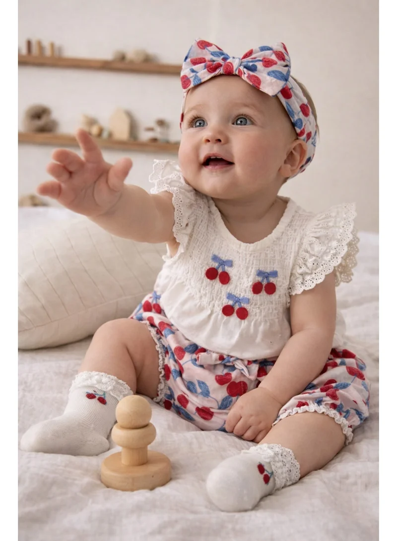 فكتور اند جين Baby Girls’ 4-Piece Broderie Dress Set – Cherry Print Bloomers, Headband & Socks