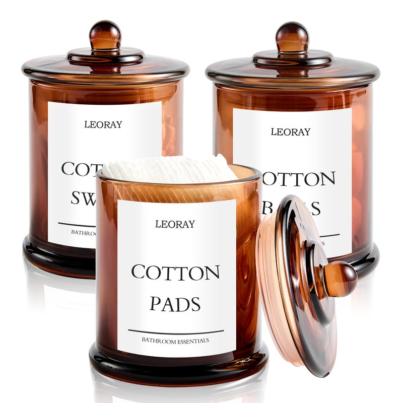 LEORAY 3 Pack Glass Qtip Holder Dispenser with Lids, Airtight Waterproof, 16 Oz Vanity Organizer Bathroom Canisters for Cotton Swabs, Balls, Pads, Floss Picks, Restroom Bedroom Kitchen Storage Jars, Amber - Image 1