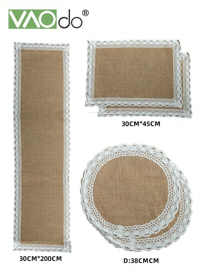 VAOdo - 5PCS Placemats With Table Runner Simple Jute Material With Tassels Table Insulation Mat Home Decoration - Image 1