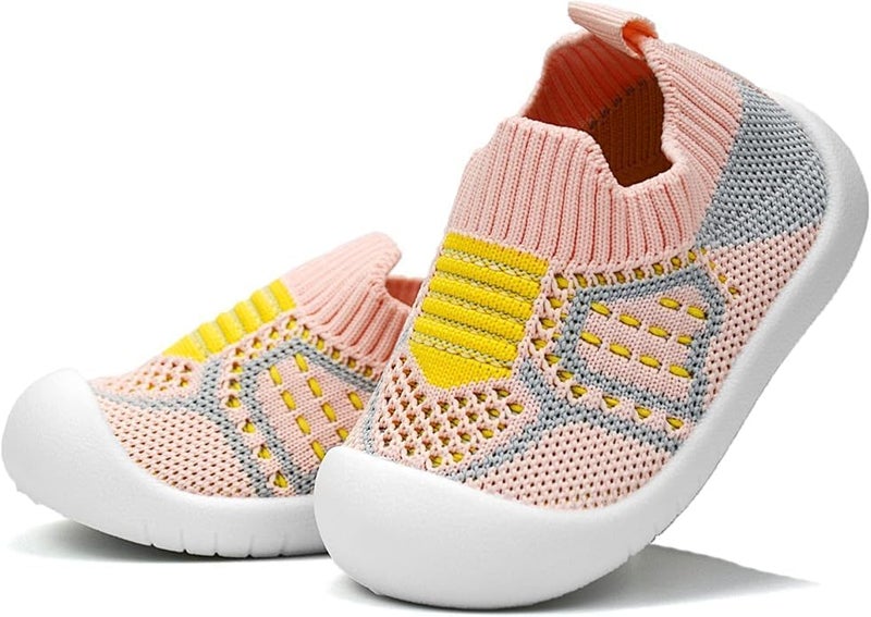 ZONEY Baby Shoes Toddler First Walking Shoes Infant Sneakers Breathable Knitted Mesh Pink and Yellow - Image 1