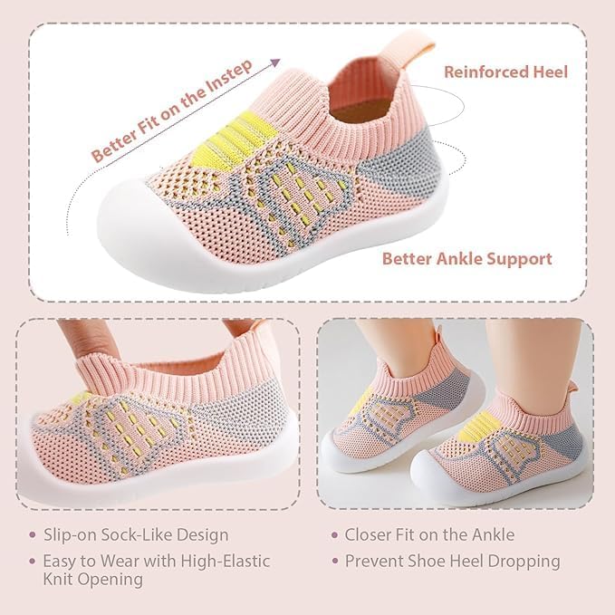 ZONEY Baby Shoes Toddler First Walking Shoes Infant Sneakers Breathable Knitted Mesh Pink and Yellow - Image 4