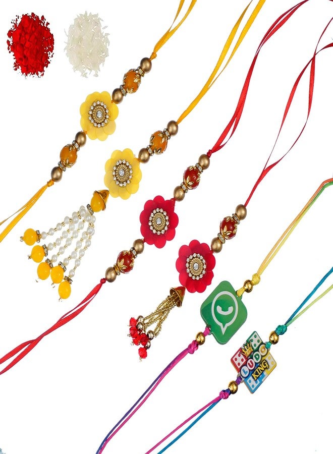 Sanvatsar Designer Bhaiya Bhabhi Rakhi|Kids Rakhi|Lumba Rakhi for Bhabhi|Rakhi للأخ|مجموعة راخي للزوجين| مجموعة راخي للأطفال والزهور الصفراء والحمراء مكونة من 6 قطع مع رولي شاوال (متعددة الألوان) - Image 1