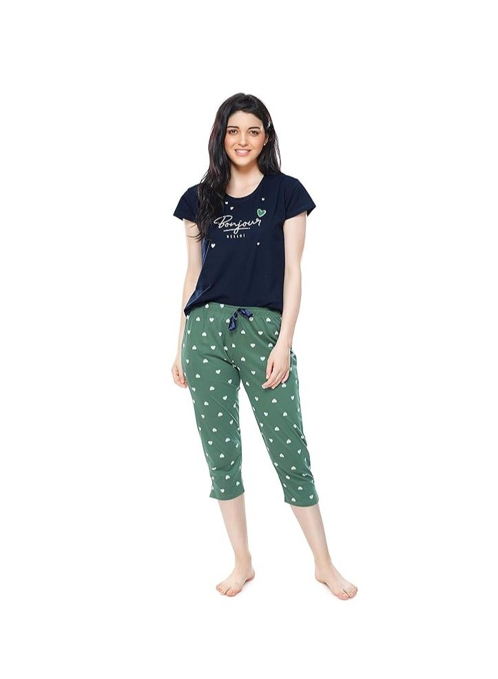 Accessorize Kingdom Women's Cotton Heart Printed Night Suit Set of Top & Capri  - Image 1