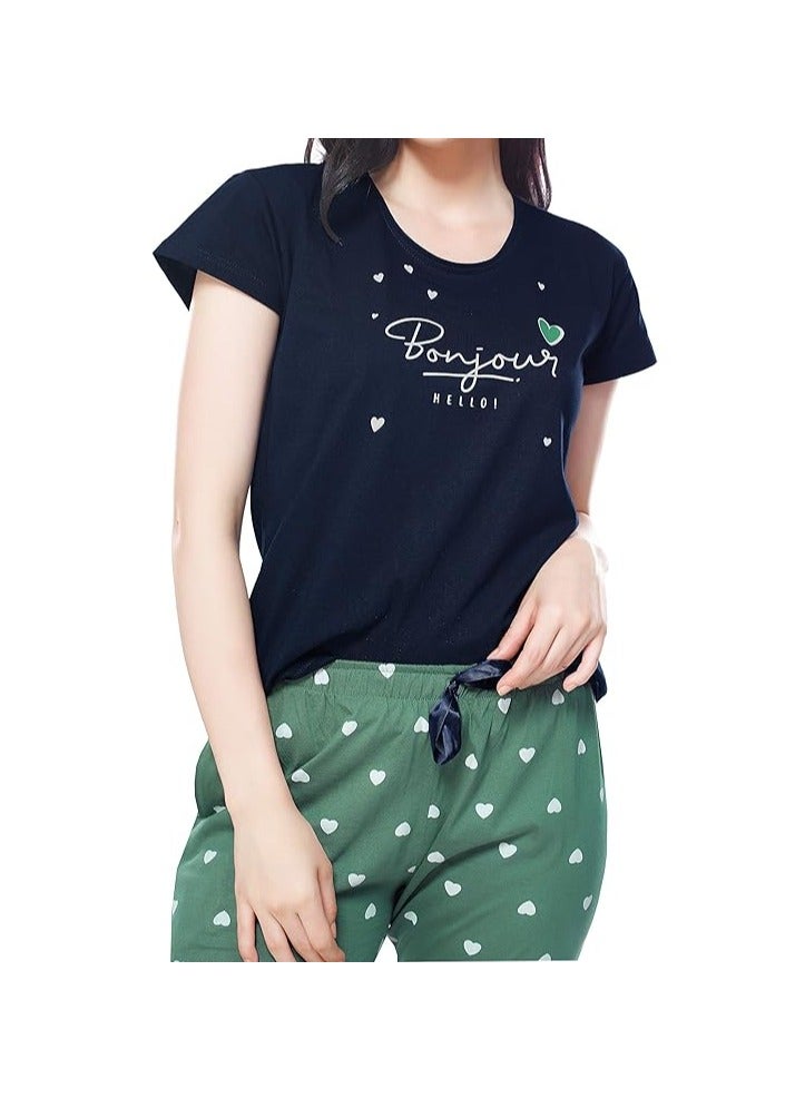 Accessorize Kingdom Women's Cotton Heart Printed Night Suit Set of Top & Capri  - Image 2