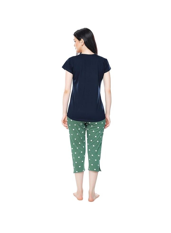 Accessorize Kingdom Women's Cotton Heart Printed Night Suit Set of Top & Capri  - Image 3