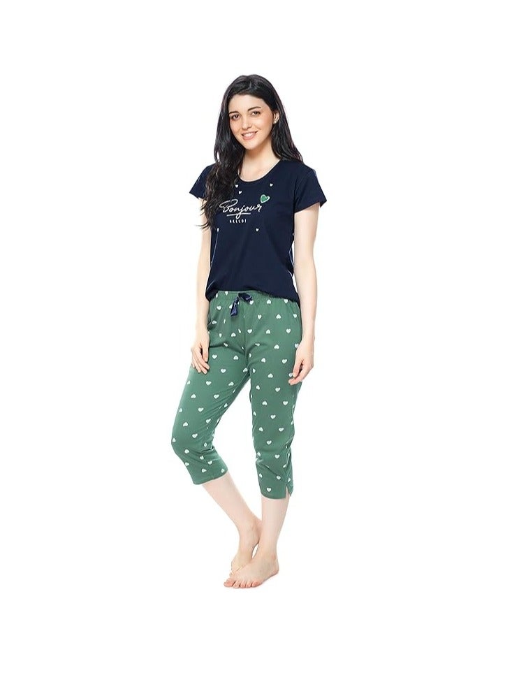 Accessorize Kingdom Women's Cotton Heart Printed Night Suit Set of Top & Capri  - Image 4