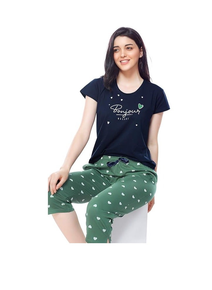 Accessorize Kingdom Women's Cotton Heart Printed Night Suit Set of Top & Capri  - Image 5