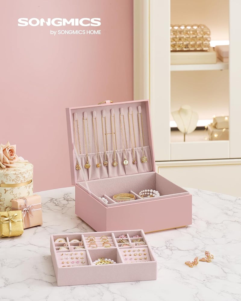 SONGMICS 2-Layer Jewelry Box, Jewelry Organizer with Handle, Removable Jewelry Tray, Jelly Pink - Image 2
