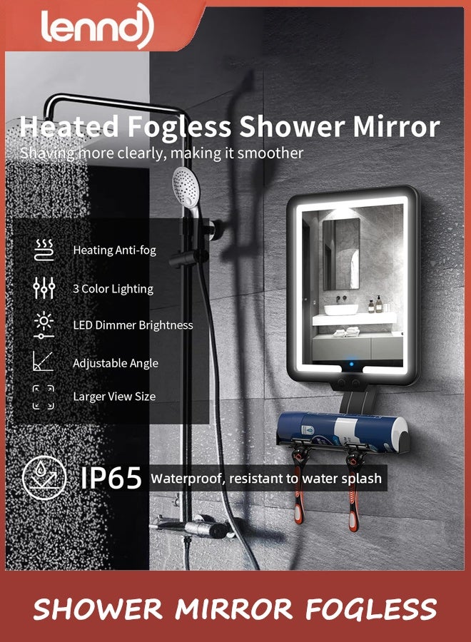 LENND Bathroom Mirror Lighted Shower Mirror Fogless for Shaving, Heated Fog Free Large 24*18cm 3 Color Modes Dimming Shower Shaving Mirror with Light, Rechargeable Anti-Fog Shower Mirror with Storage Tray & Razor Holders - Image 2