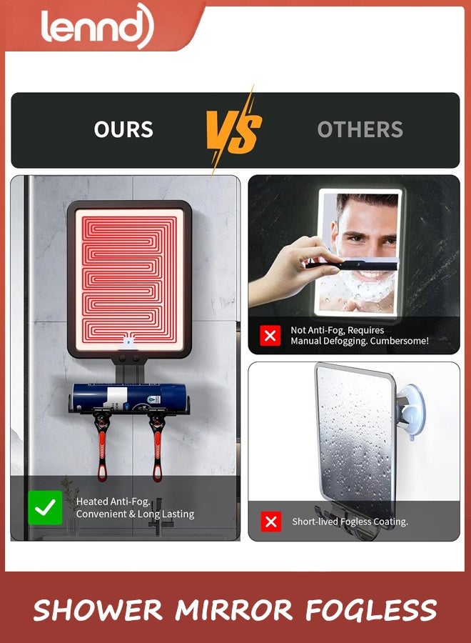 LENND Bathroom Mirror Lighted Shower Mirror Fogless for Shaving, Heated Fog Free Large 24*18cm 3 Color Modes Dimming Shower Shaving Mirror with Light, Rechargeable Anti-Fog Shower Mirror with Storage Tray & Razor Holders - Image 3