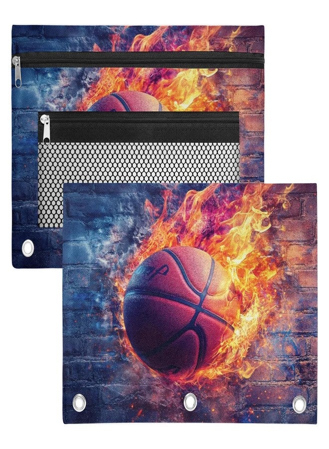 Gumuslen Fire Basketball Pencil Pouch for 3 Ring Binder Wall Flame Ball Pencil Case Bag with Clear Window Zipper Pockets for Kids Girls Boys Students School College Supplies 2 Pack - Image 1