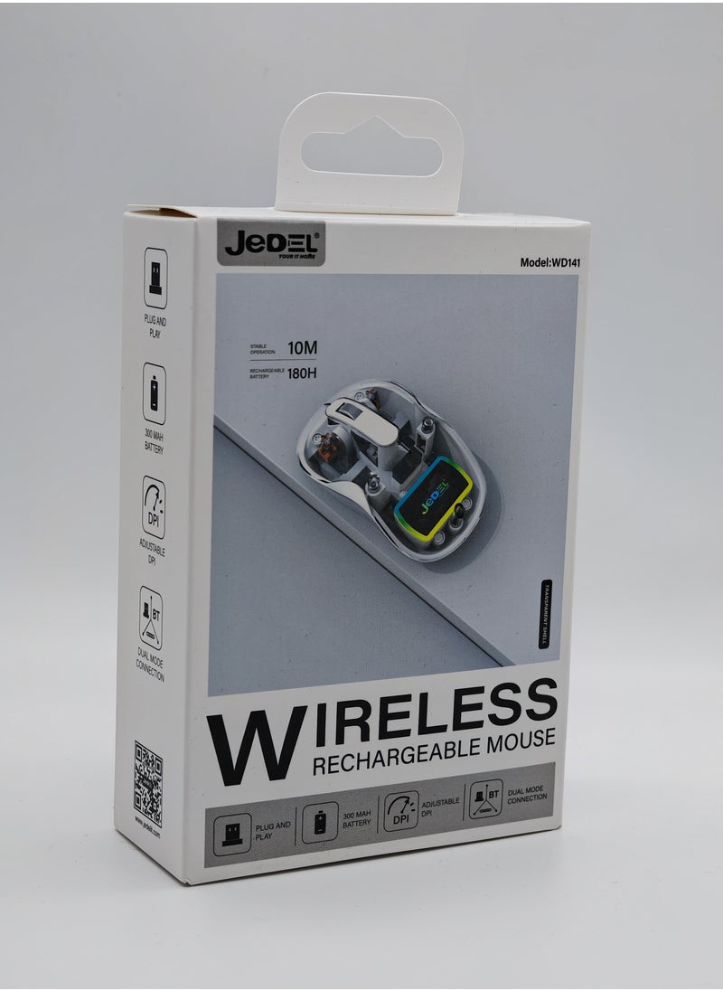 JeDEL - WD141 Wireless Bluetooth Gaming Mouse for Windows, Mac, IOS, Android, Slim Transparent Dual Mode (Bluetooth 5.1 + USB 2.4Ghz) Mouse with USB Receiver, 1200 DPI, White - Image 1
