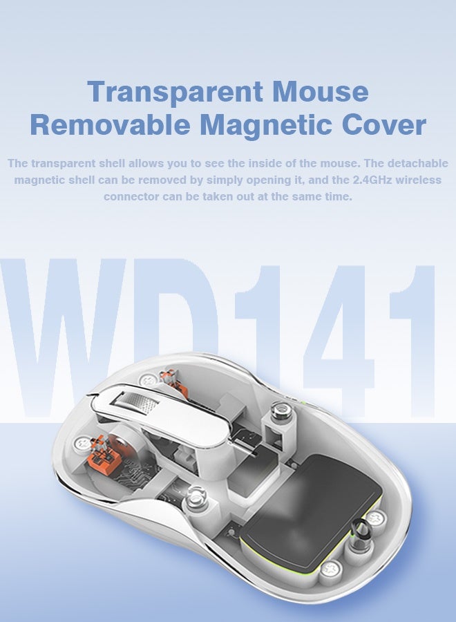 ماوس ألعاب بلوتوث لاسلكي لنظام التشغيل Windows و Mac و IOS و Android ، ماوس Slim Transparent Dual Mode (بلوتوث 5.1 + USB 2.4 جيجاهرتز) مع جهاز استقبال USB ، 1200 نقطة في البوصة ، أبيض - Image 2