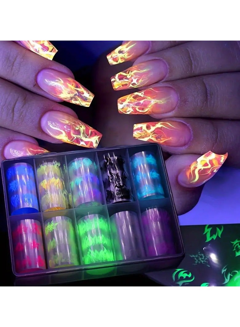 LANGMANNI 10 Rolls Glow-in-the-Dark Flame Nail Foil Transfer Stickers Kit, Neon Nail Art Decals, Luminous Nail Art Decals For Women And Girls For Music Festival - Image 1