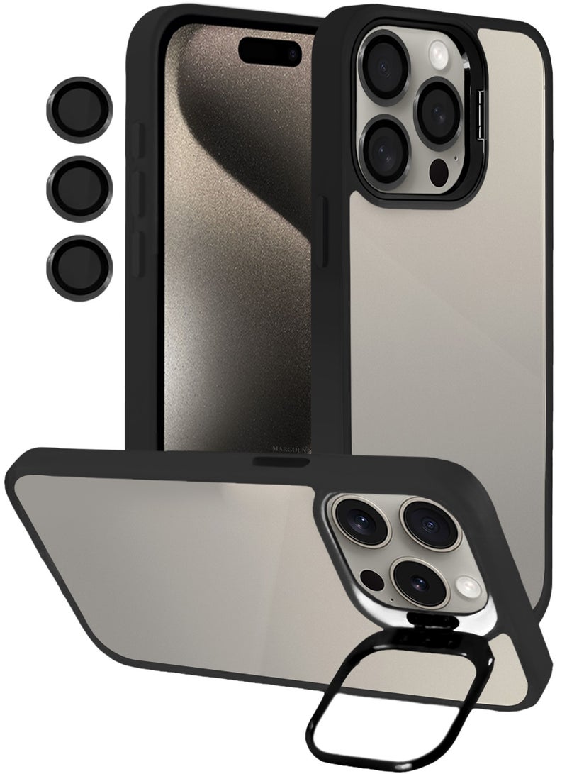CATANES Transparent Case Cover with Flip Bracket Stand for iPhone 15 Pro – Shockproof Clear Back Cover with Lens Protection - Black - Image 4