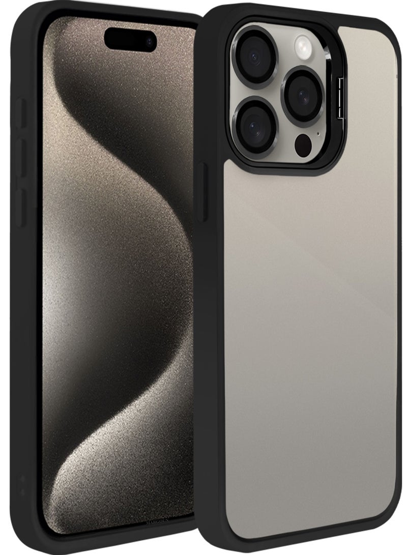 CATANES Transparent Case Cover with Flip Bracket Stand for iPhone 15 Pro – Shockproof Clear Back Cover with Lens Protection - Black - Image 3