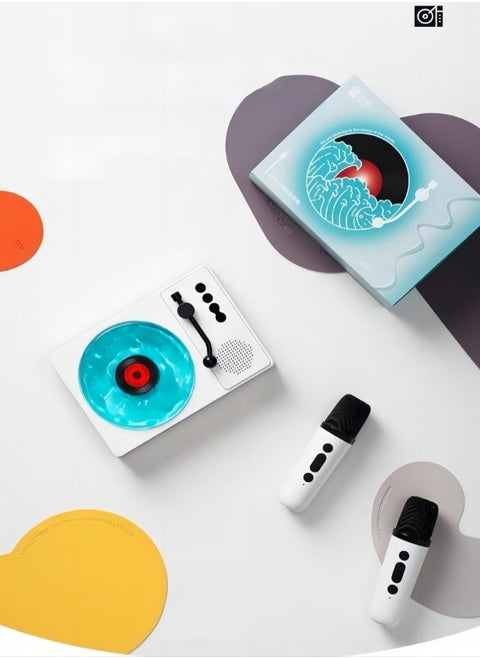 Portable Bluetooth speaker, adult/child karaoke machine, with 2 wireless microphones, portable Bluetooth karaoke speaker, singing machine with echo and vocal clips, water ripple speaker, retro record machine Bluetooth speaker, gift girlfriend
