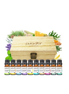 Pura d'or PURA D'OR ORGANIC Perfect10 Essential Oils Set - 10x 10mL Wood Box Aromatherapy Gift Set - 100% Pure Therapeutic Grade For Relaxation and Wellness (Lavender, Peppermint, Eucalyptus, Tea Tree and More)  - Image 1