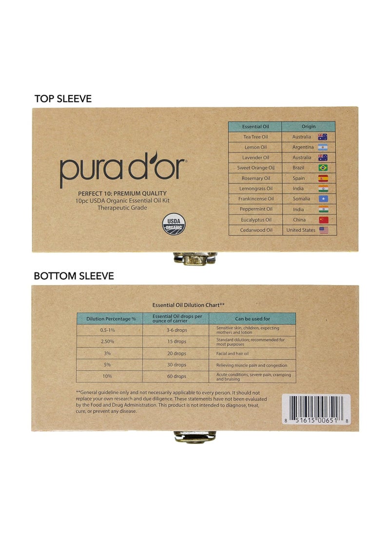 Pura d'or - PURA D'OR ORGANIC Perfect10 Essential Oils Set - 10x 10mL Wood Box Aromatherapy Gift Set - 100% Pure Therapeutic Grade For Relaxation and Wellness (Lavender, Peppermint, Eucalyptus, Tea Tree and More) - Image 1