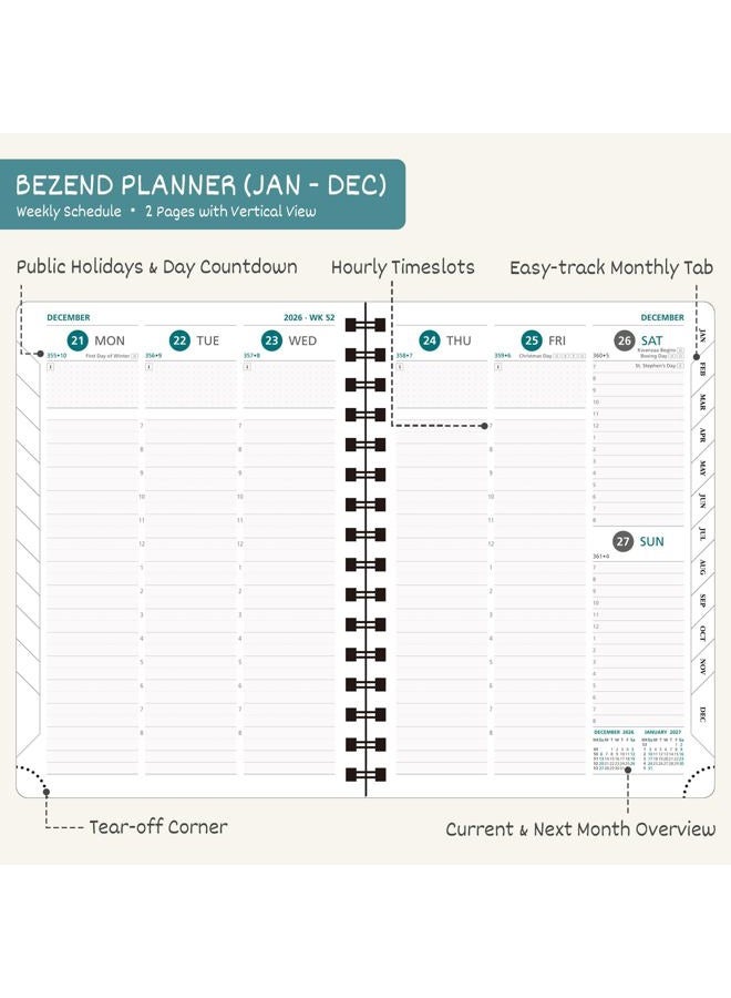 BEZEND Planner 2026 Weekly and Monthly, 8.5" x 11" Calendar with Notes (Jan-Dec 26) Vertical Daily Appointment with Hourly Timeslot & Monthly Tab, Spiral, PU Leather Softcover - Dark Green - Image 3
