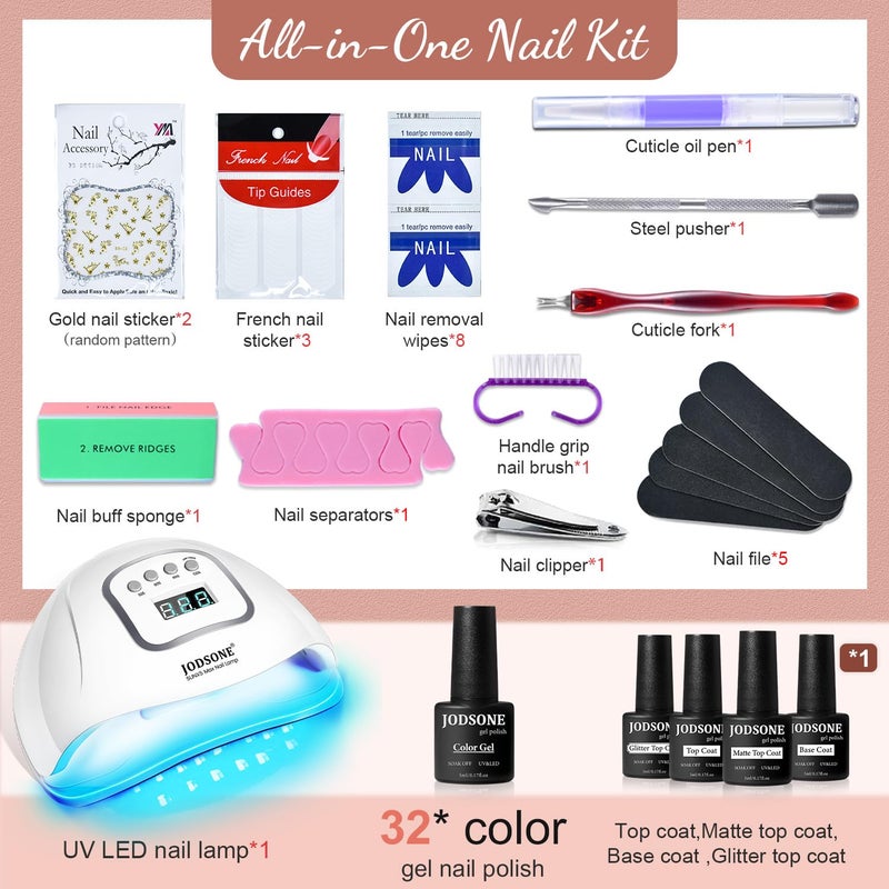 JODSONE Gel Nail Polish Kit with U V Light 32 Color Soak Off Base&Top Glitter Coat Gel Polish for DIY Manicure Lovers - Image 3