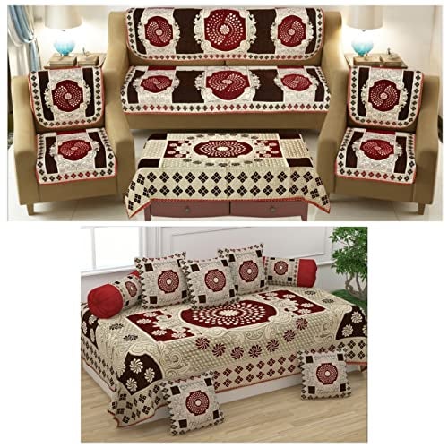 SAWNA HOMES Heavy 5 Seater Printed Sofa Cover Set 3,1,1 Seater with Diwan Bedsheet, 5 Cushion Covers, 2 Bolster Covers, Comfortable Furniture Protector for Home Décor (15 Pieces, Coffee Mehroon) - Image 1
