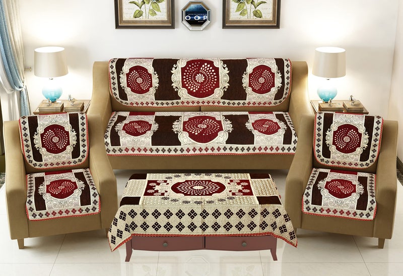 SAWNA HOMES Heavy 5 Seater Printed Sofa Cover Set 3,1,1 Seater with Diwan Bedsheet, 5 Cushion Covers, 2 Bolster Covers, Comfortable Furniture Protector for Home Décor (15 Pieces, Coffee Mehroon) - Image 2