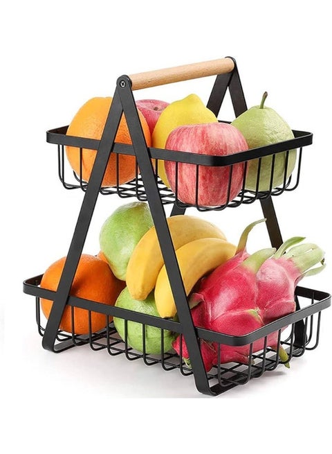 2-tier metal fruit stand with cardboard, metal fruit and vegetable basket with two layers for holding vegetables, fruits, and snacks at home, kitchen, or office, black