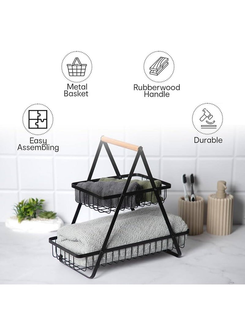 ناما ستاند فاكهة  2 دور معدن بكرتونه سلة فواكه وخضروات معدنية من طبقتين لحمل الخضروات والفواكه والوجبات الخفيفة في المنزل والمطبخ والمكتب، أسود - Image 4