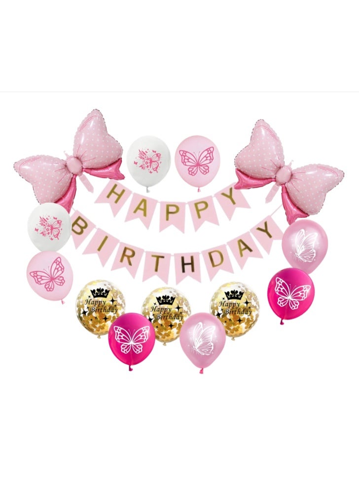 Pink Happy Birthday Balloon Decoration Set with Bow Foil Balloons, Butterfly Latex Balloons & Banner – Girls Birthday Party Decor - Image 1