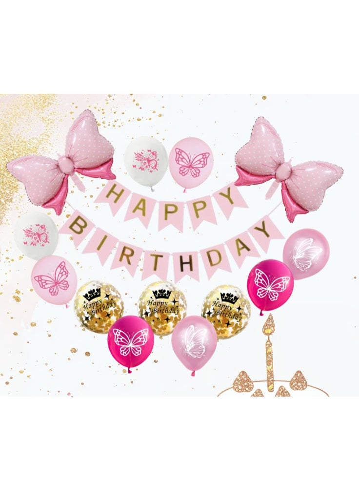 Pink Happy Birthday Balloon Decoration Set with Bow Foil Balloons, Butterfly Latex Balloons & Banner – Girls Birthday Party Decor - Image 3