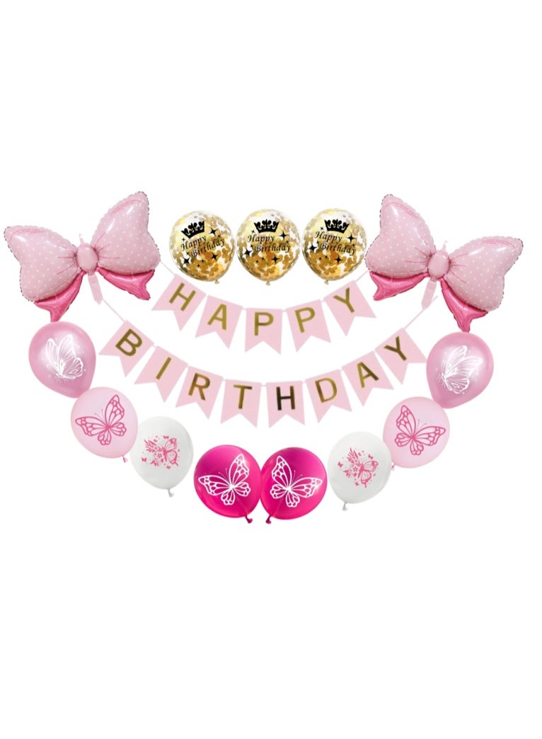 Pink Happy Birthday Balloon Decoration Set with Bow Foil Balloons, Butterfly Latex Balloons & Banner – Girls Birthday Party Decor - Image 4