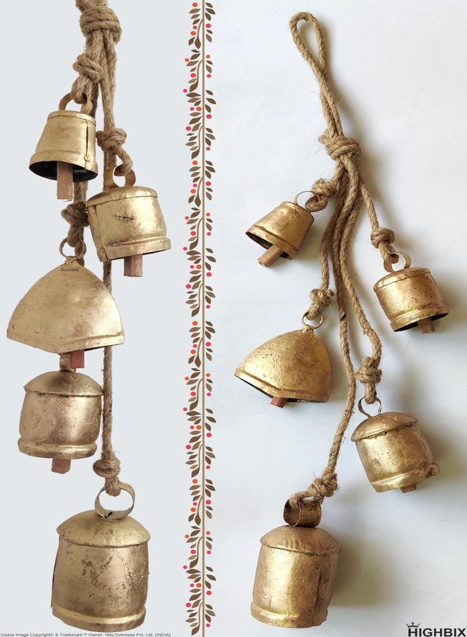 HIGHBIX Set of 5 Rustic Harmony Metal Jingle Bells Cluster Vintage Handmade Lucky Christmas Hanging Mix Décor Bells On Rope (Large) - Image 3