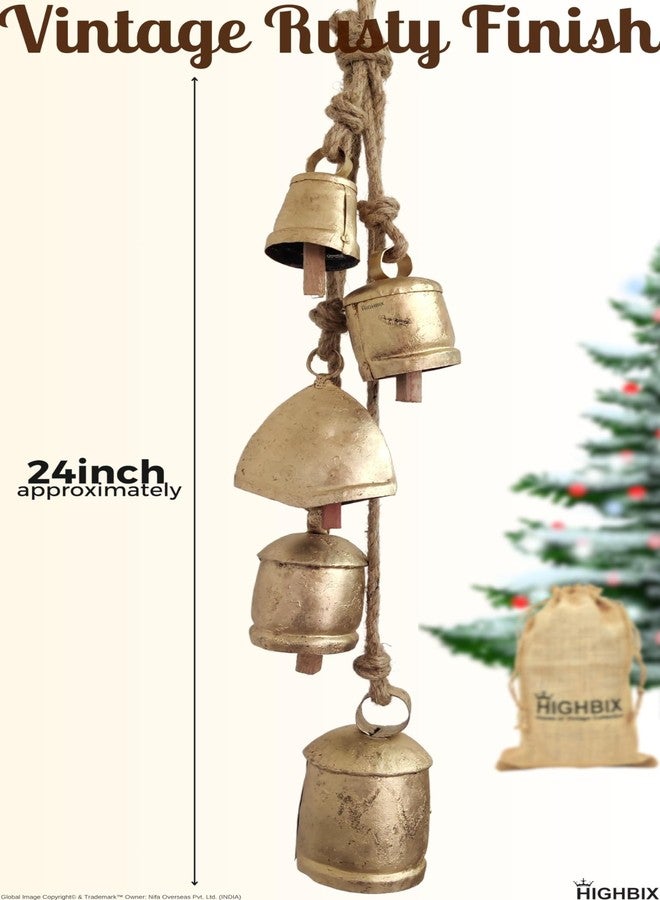 HIGHBIX Set of 5 Rustic Harmony Metal Jingle Bells Cluster Vintage Handmade Lucky Christmas Hanging Mix Décor Bells On Rope (Large) - Image 2