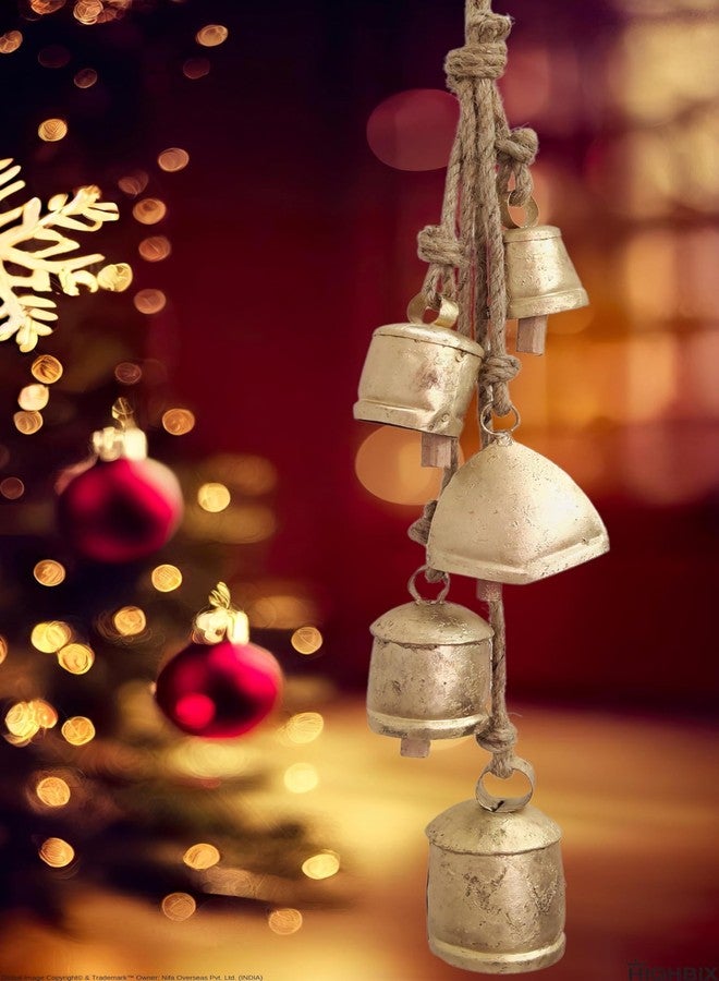 HIGHBIX Set of 5 Rustic Harmony Metal Jingle Bells Cluster Vintage Handmade Lucky Christmas Hanging Mix Décor Bells On Rope (Large) - Image 5