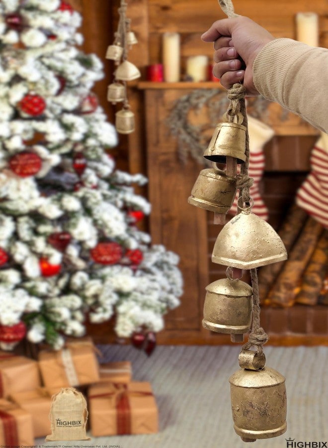 HIGHBIX Set of 5 Rustic Harmony Metal Jingle Bells Cluster Vintage Handmade Lucky Christmas Hanging Mix Décor Bells On Rope (Large) - Image 4
