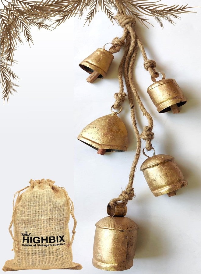 HIGHBIX Set of 5 Rustic Harmony Metal Jingle Bells Cluster Vintage Handmade Lucky Christmas Hanging Mix Décor Bells On Rope (Large) - Image 1