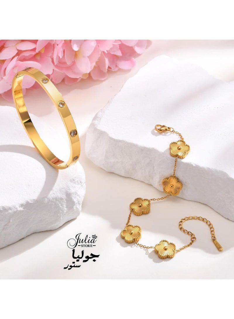 جوليا ستور أساور زهرة الحب القابلة للتكديس من الفولاذ المقاوم للصدأ المطلي بالذهب عيار 18 قيراطًا، مجموعة أساور CZ ذهبية غير قابلة للتلف، هدية أنيقة لأعياد الميلاد وعيد الحب باللون الذهبي  - Image 5