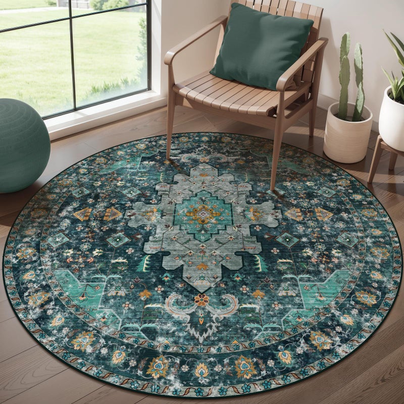 Ciicool Washable Area Rug Round 4â€™x4â€™ Teal Boho Bedroom Non-Slip Oriental Entry Throw Low-Pile Indoor Floor Carpet for Living Room Laundry Foyer Decor (Teal/Multi) - Image 1
