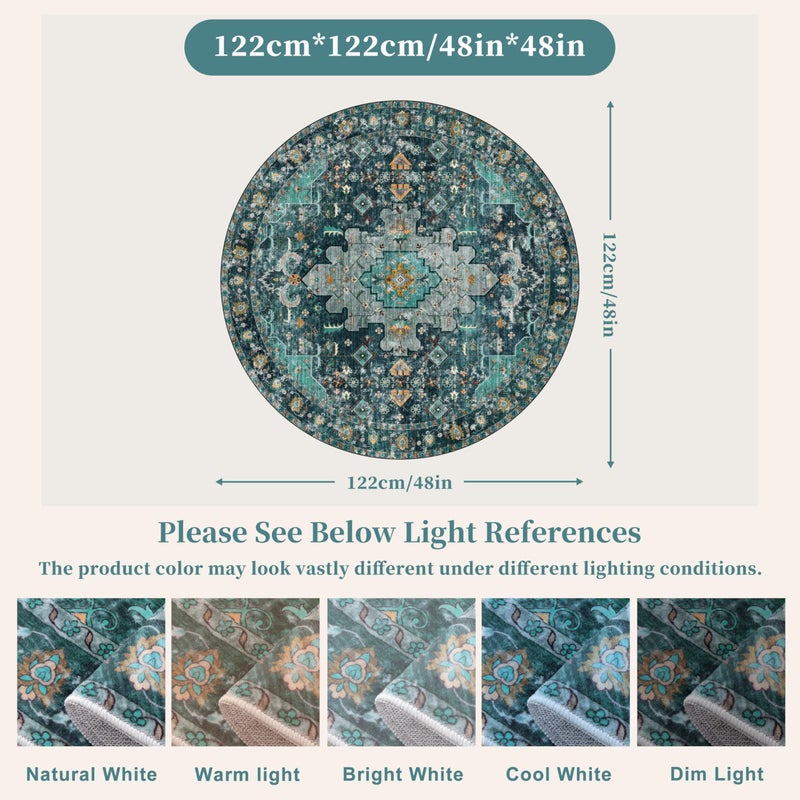 Ciicool Washable Area Rug Round 4â€™x4â€™ Teal Boho Bedroom Non-Slip Oriental Entry Throw Low-Pile Indoor Floor Carpet for Living Room Laundry Foyer Decor (Teal/Multi) - Image 2