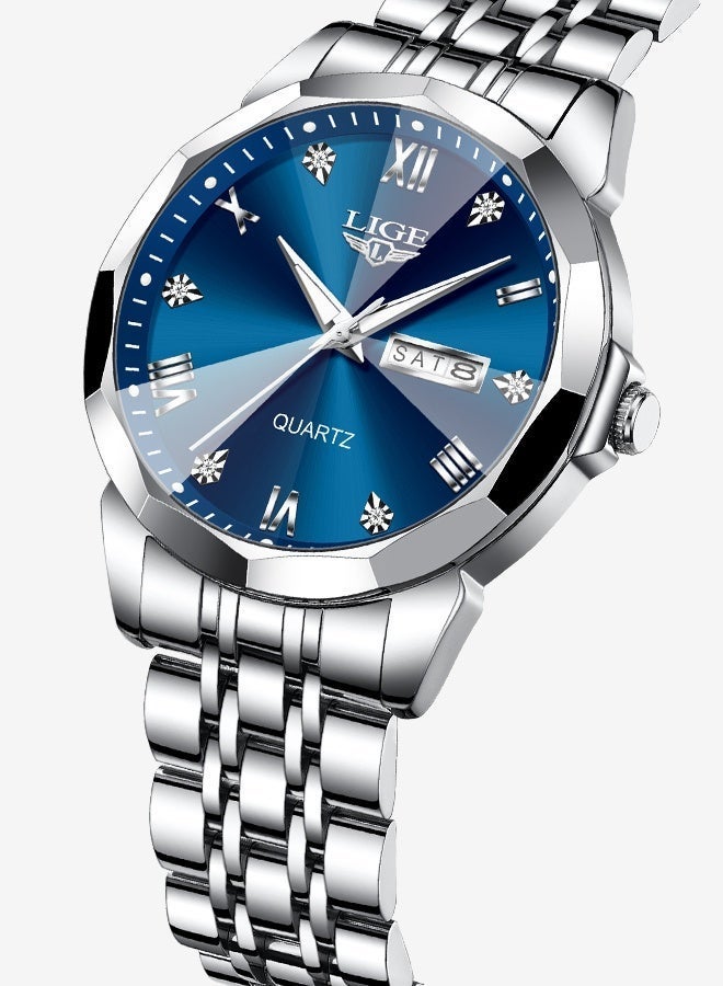 LIGE Original Luxury Watches For Men Branded Fashion Casual Quartz Wristwatches Sports Waterproof Luminous Date Week Display Stainless Steel Strap High Hardness Diamond Cut Glass Mens Watch Gifts Silver Blue - Image 4